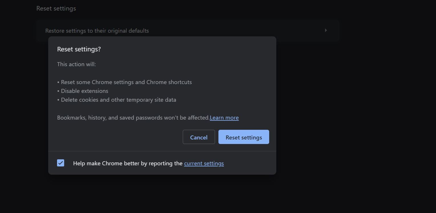 подтверждение сброса настроек Chrome