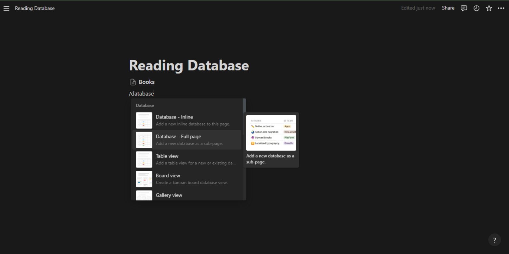 Скриншот Notion создания новой базы данных