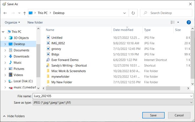 Диалог «Сохранить как» в Paint