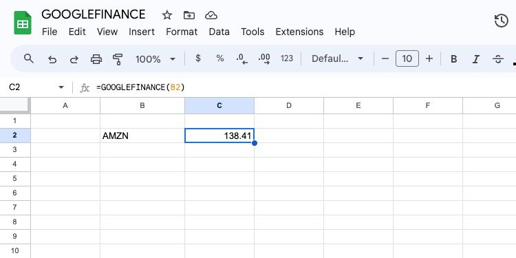 Ввод формулы GOOGLEFINANCE с ссылкой на ячейку B2