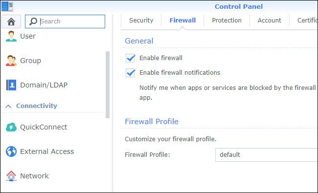 Настройки брандмауэра Synology с включённым Firewall.