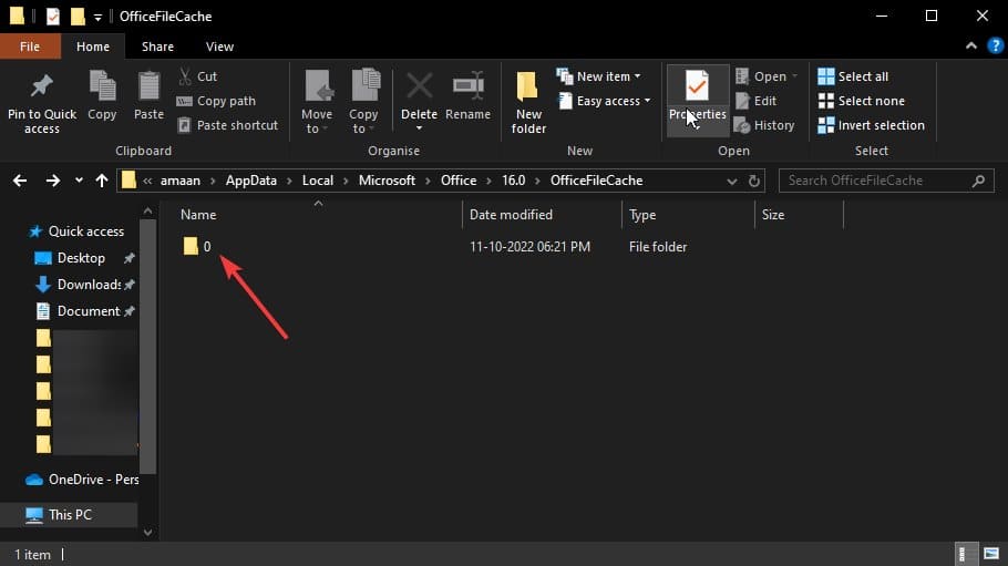 Explorateur Windows montrant le dossier OfficeFileCache