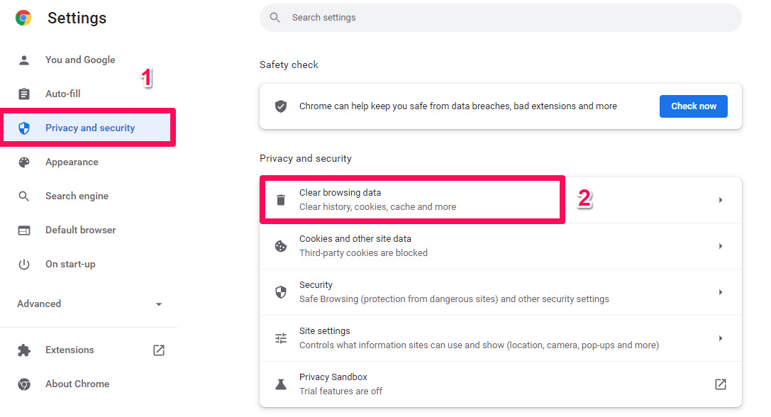Вкладка Конфиденциальность и безопасность в Chrome
