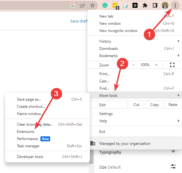 Меню браузера с пунктом Дополнительные инструменты