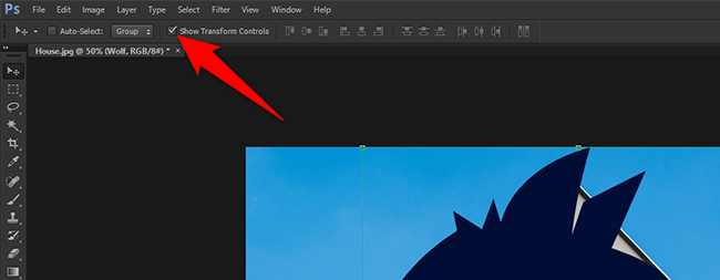 Включите опцию Показывать элементы трансформации в верхней панели Photoshop.