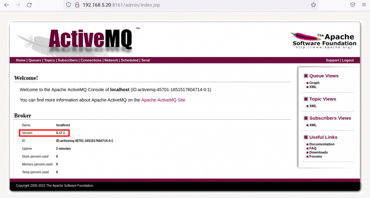 Скриншот панели управления веб-консоли ActiveMQ