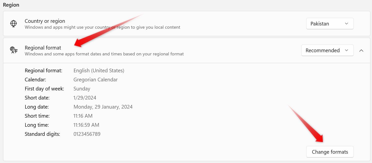 Настройки для изменения формата даты и времени в приложении Параметры.