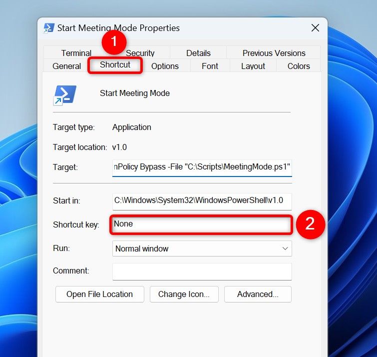 Окно свойств ярлыка с полем Быстрая клавиша.
