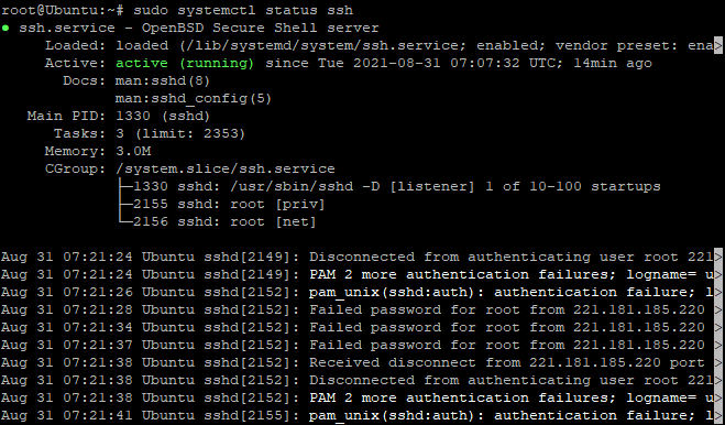 Вывод systemctl status ssh в терминале