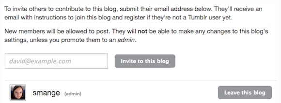 Форма приглашения участников и список ролей в настройках блога Tumblr