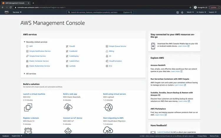 AWS Management Console — главное окно