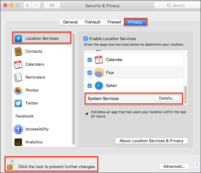 Вкладка Конфиденциальность в macOS с Службами геолокации