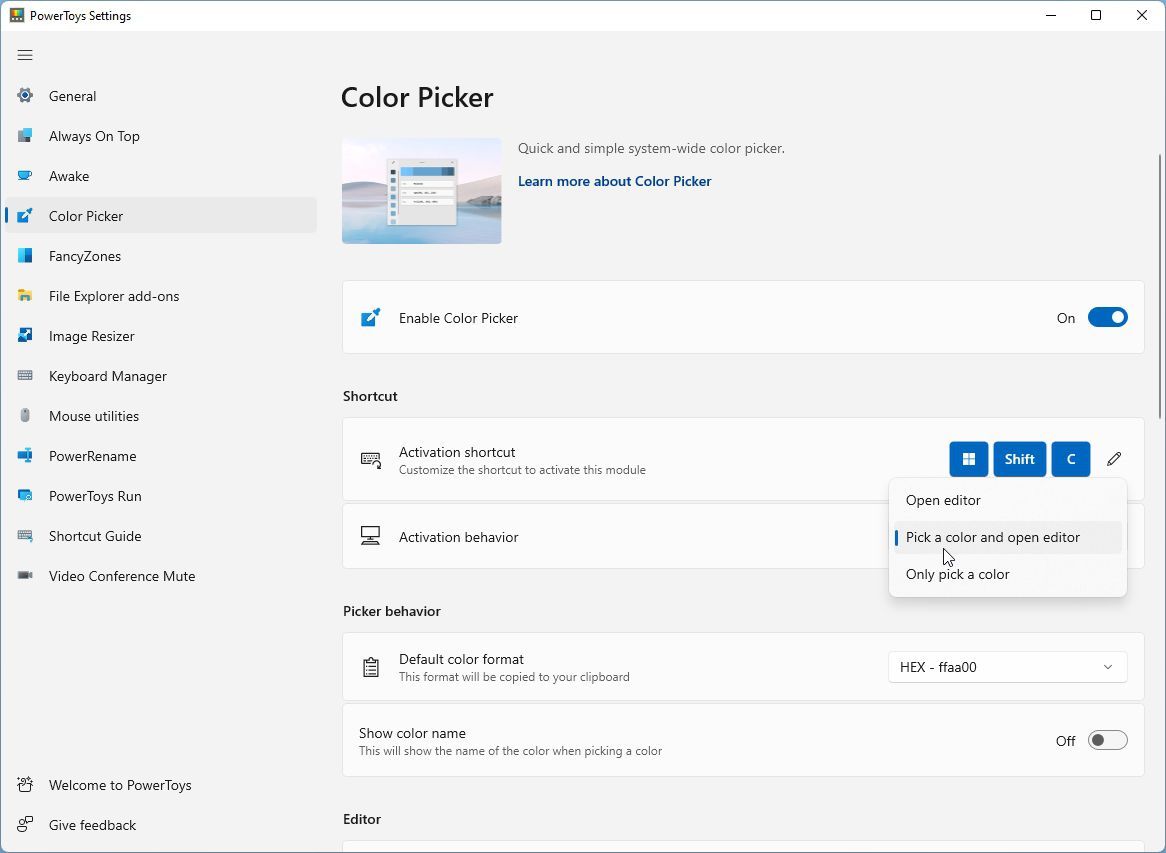 Параметры поведения при активации Color Picker