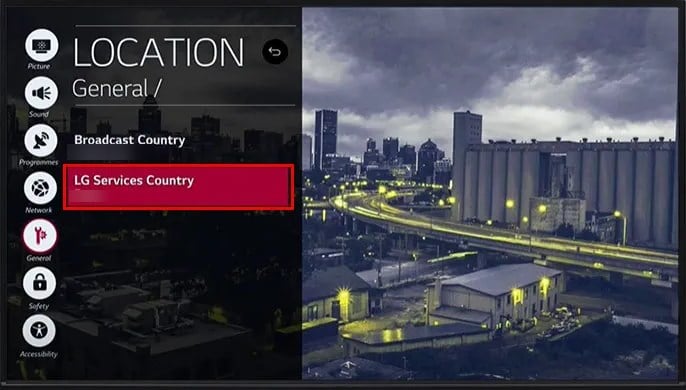 Выбор страны сервисов LG