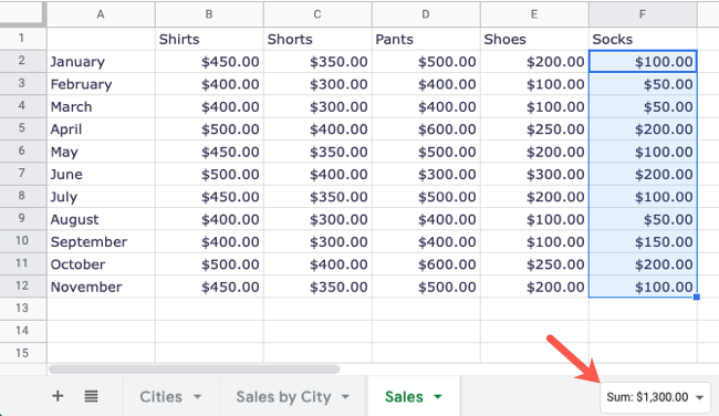 Выделите ячейки и посмотрите в правый нижний угол, чтобы увидеть сумму