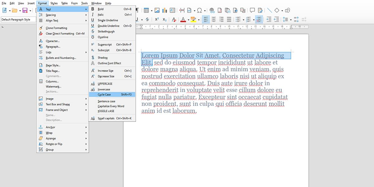 Панель выбора регистра в LibreOffice Writer