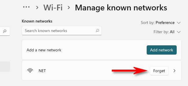 Забывание сети в настройках Wi-Fi Windows.