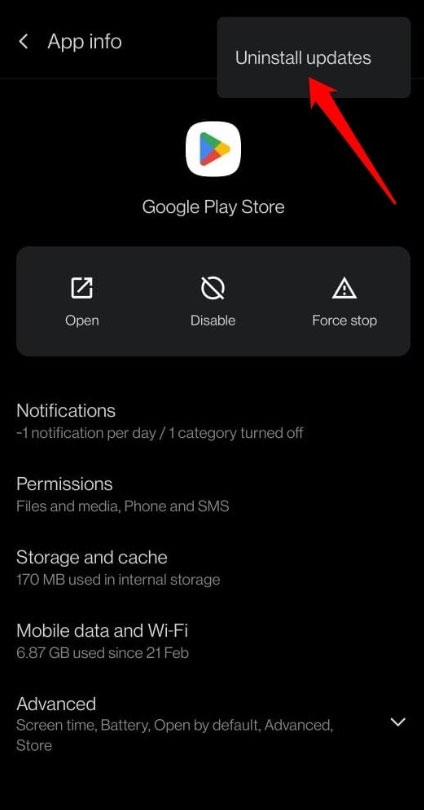 Uninstall the Google Play Store Updates - Google Play Error 492