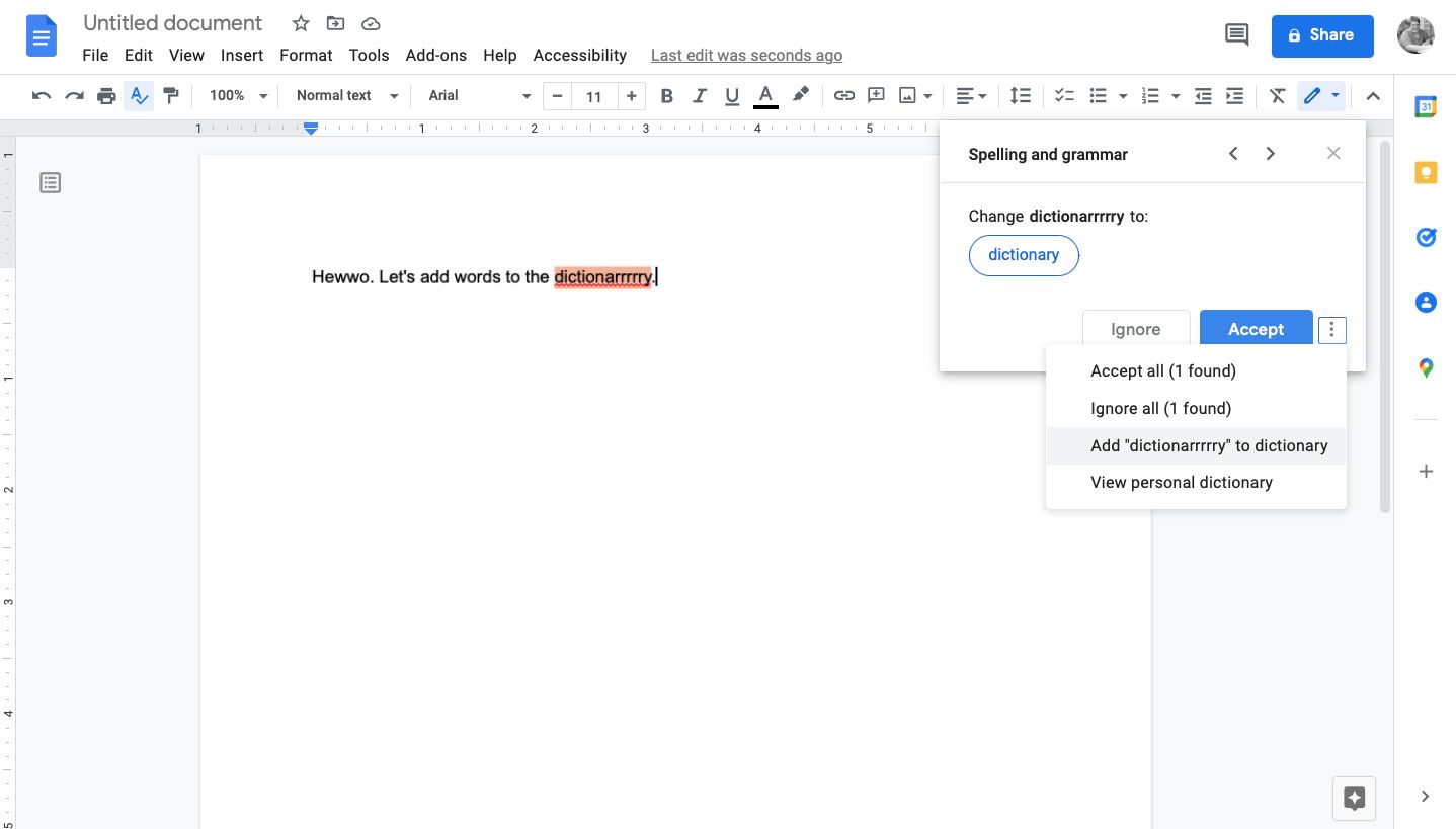 Интерфейс Google Docs, инструмент проверки правописания