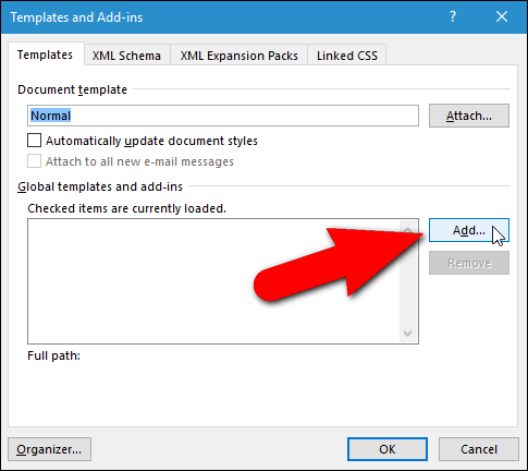 Диалог Шаблоны и надстройки с кнопкой Добавить