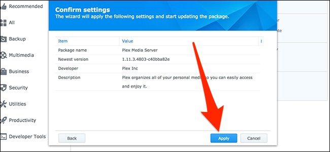 Кнопка Apply для подтверждения установки пакета