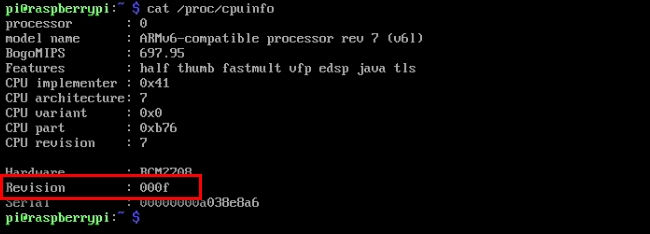 Скриншот вывода /proc/cpuinfo с полем Revision, где видно, как выглядит номер ревизии