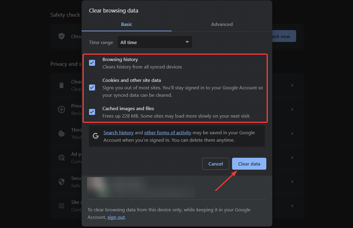 Chrome: очистка данных просмотров — окно параметров