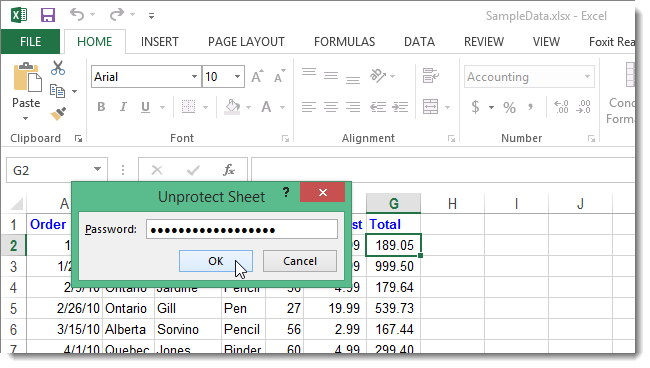 Диалог Снять защиту листа — ввод пароля