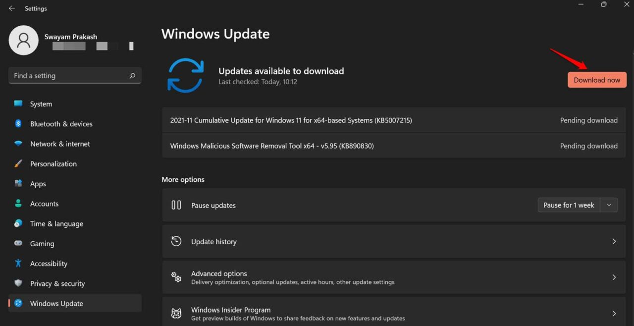 Загрузка обновления Windows 11