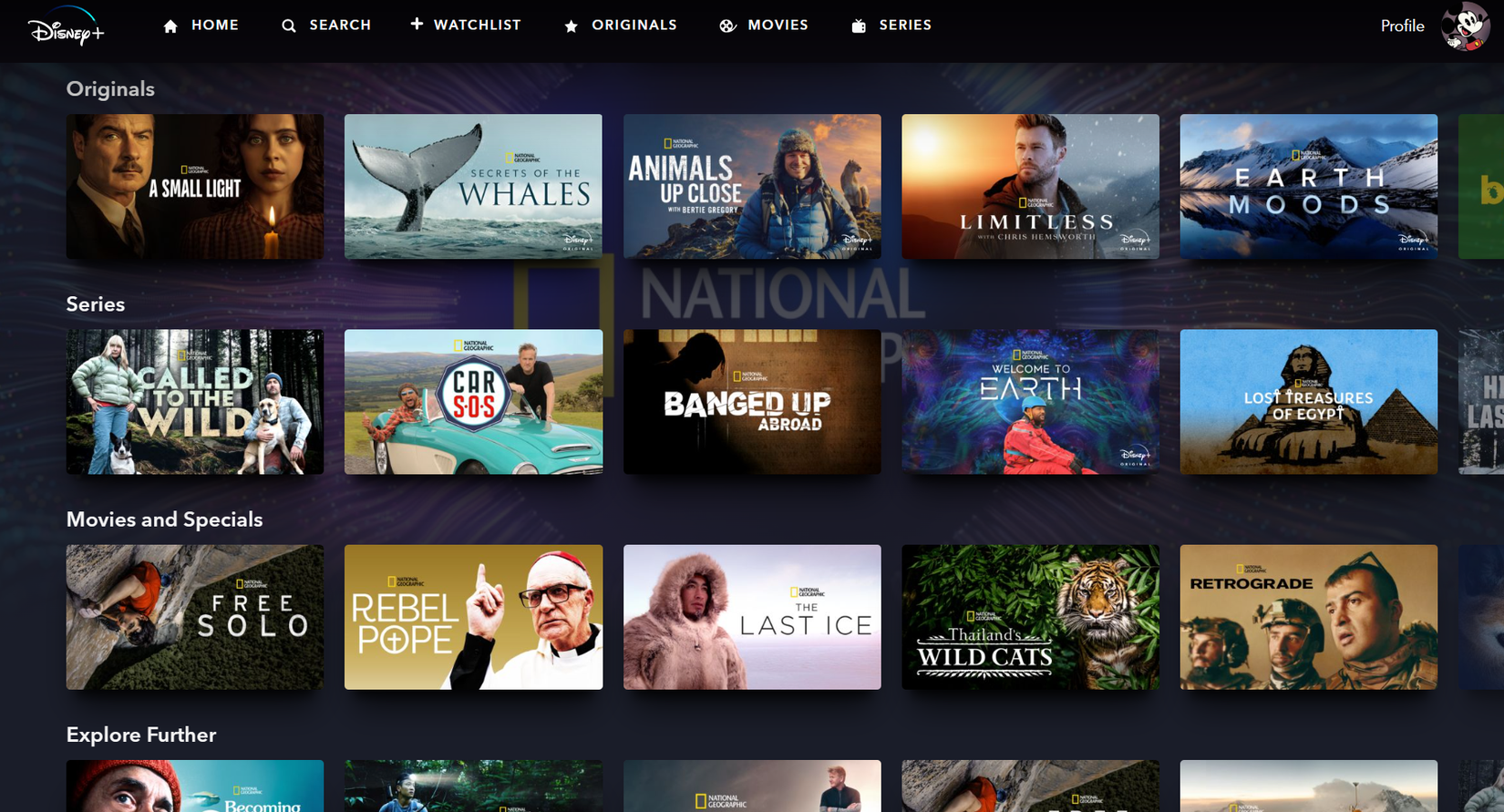 Скриншот категорий контента National Geographic в десктопном приложении Disney+