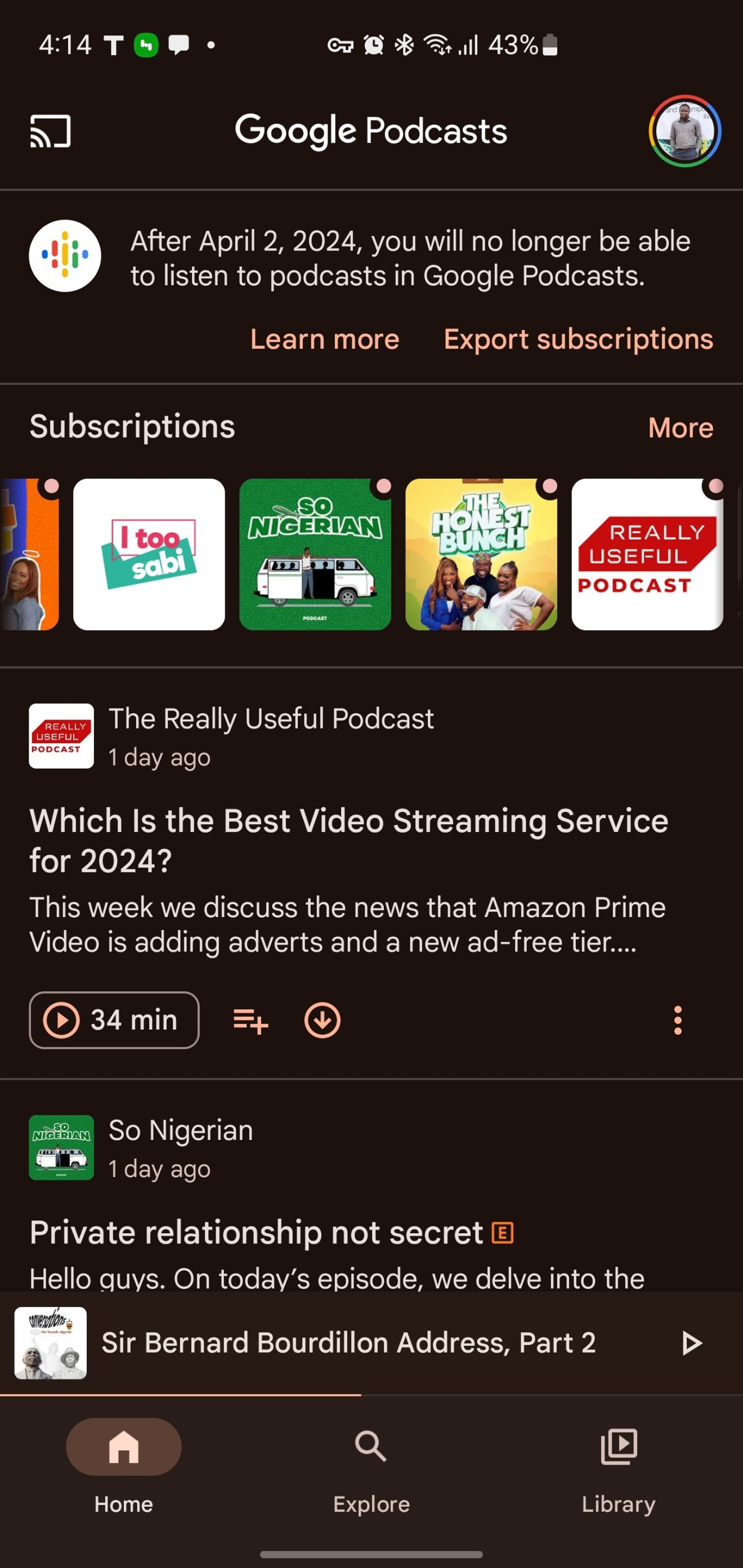 Главная страница Google Podcasts с баннером «Экспорт подписок»