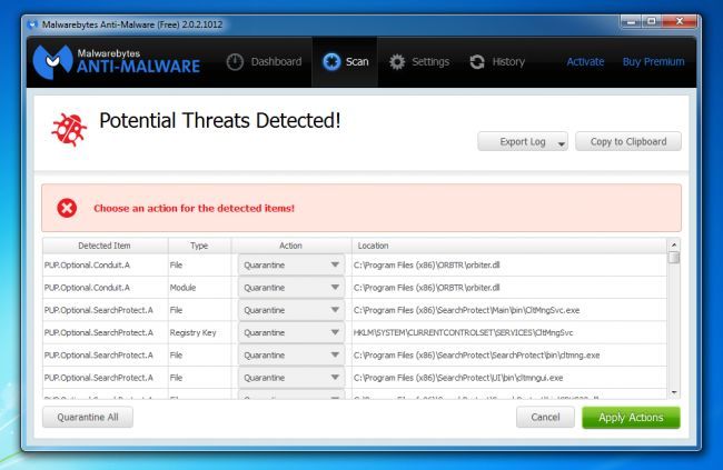 Сканирование на вредоносное ПО программой Malwarebytes