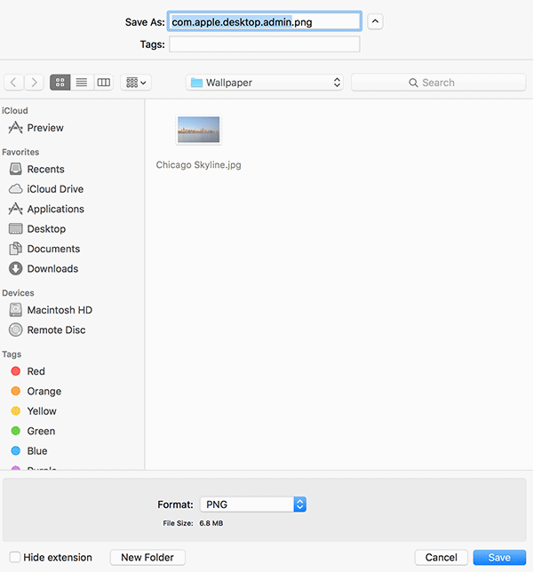 Diálogo Guardar como donde se especifica el nombre com.apple.desktop.admin.png y formato PNG