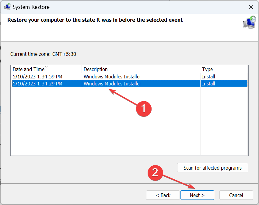 Список точек восстановления