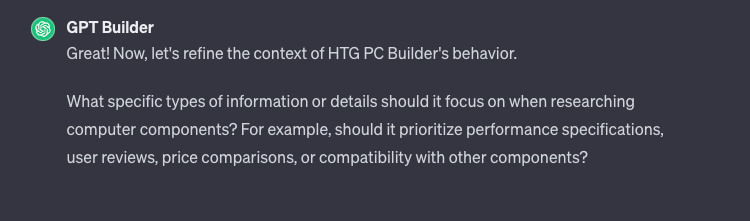 GPT Builder asks questions about the specific tweaks the user wants to make to their bot.