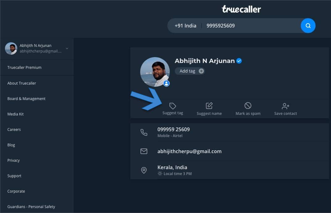 Pagina profilo Truecaller con pulsante Suggerisci nome