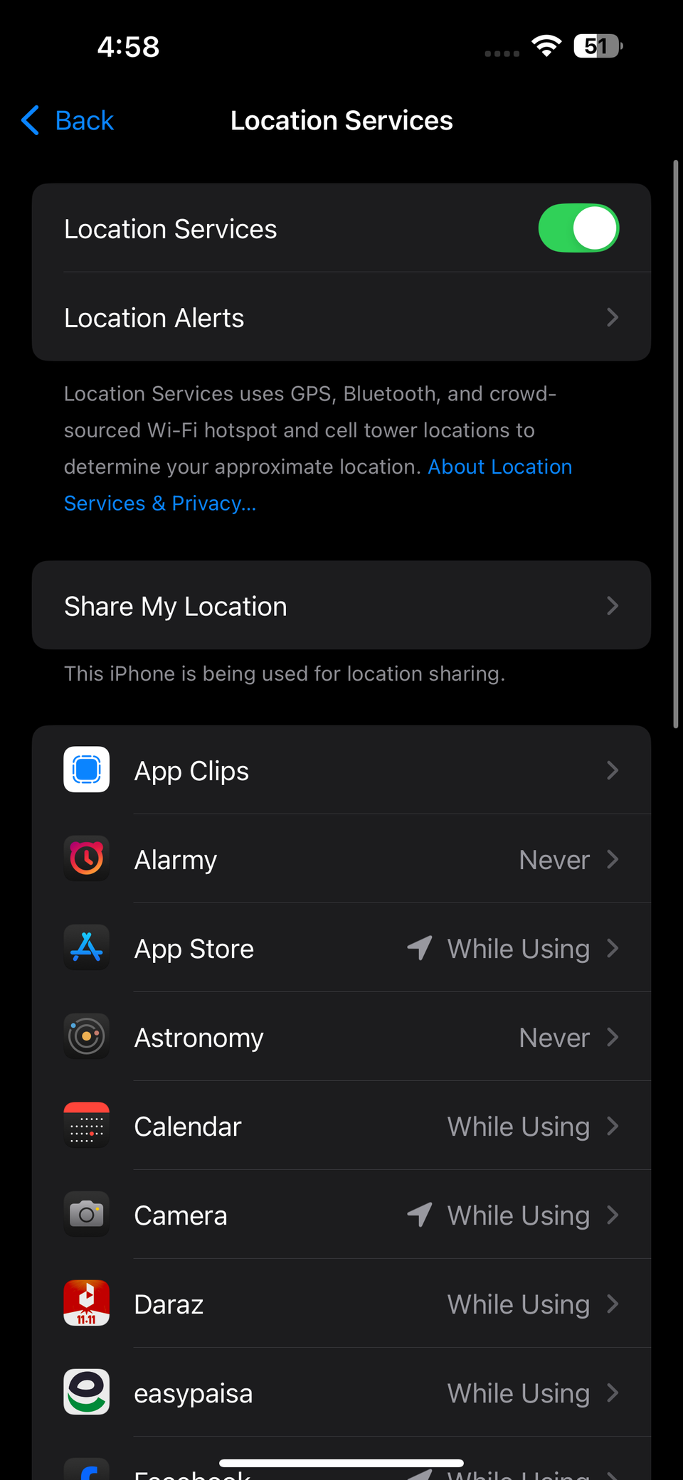 Настройки служб геолокации для приложения «Фото»