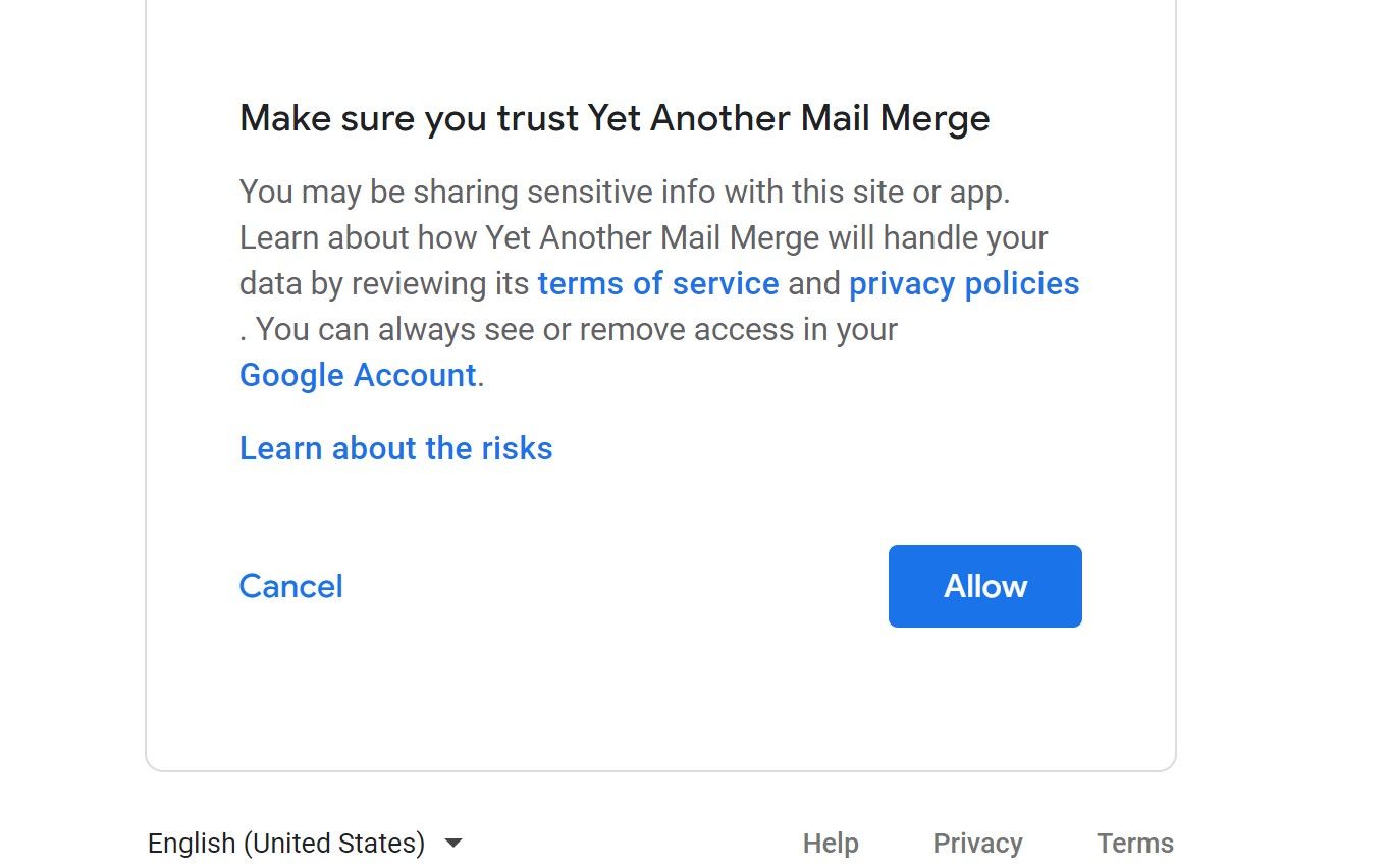 Запрос разрешений YAMM для доступа к Gmail