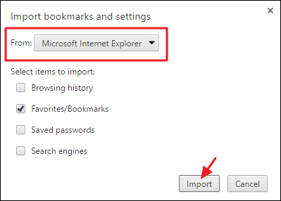 Выбор источника для импорта закладок