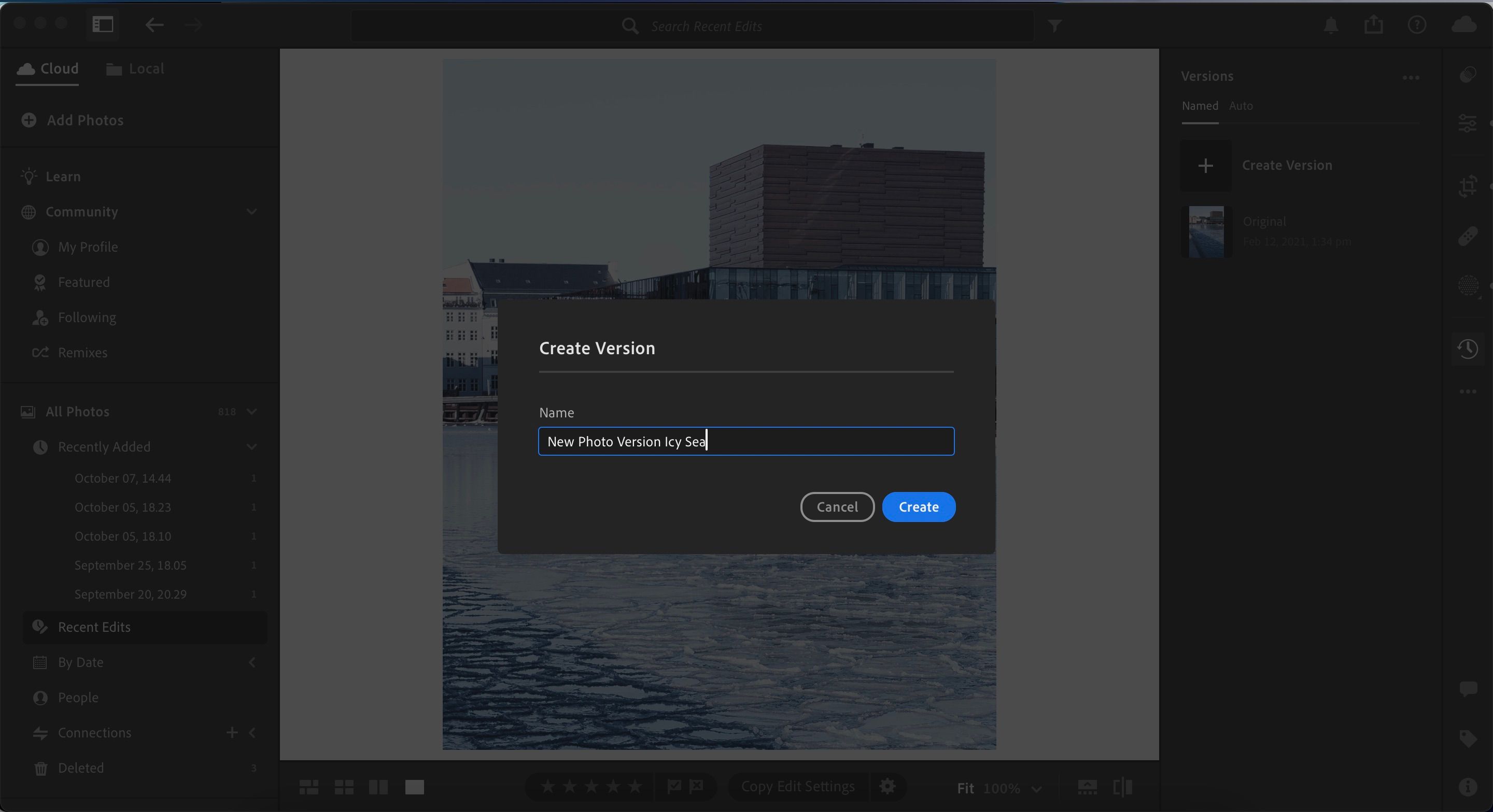 Создание новой версии в Lightroom CC