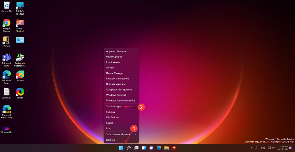 Открыть Диспетчер задач через контекстное меню taskbar и WinX