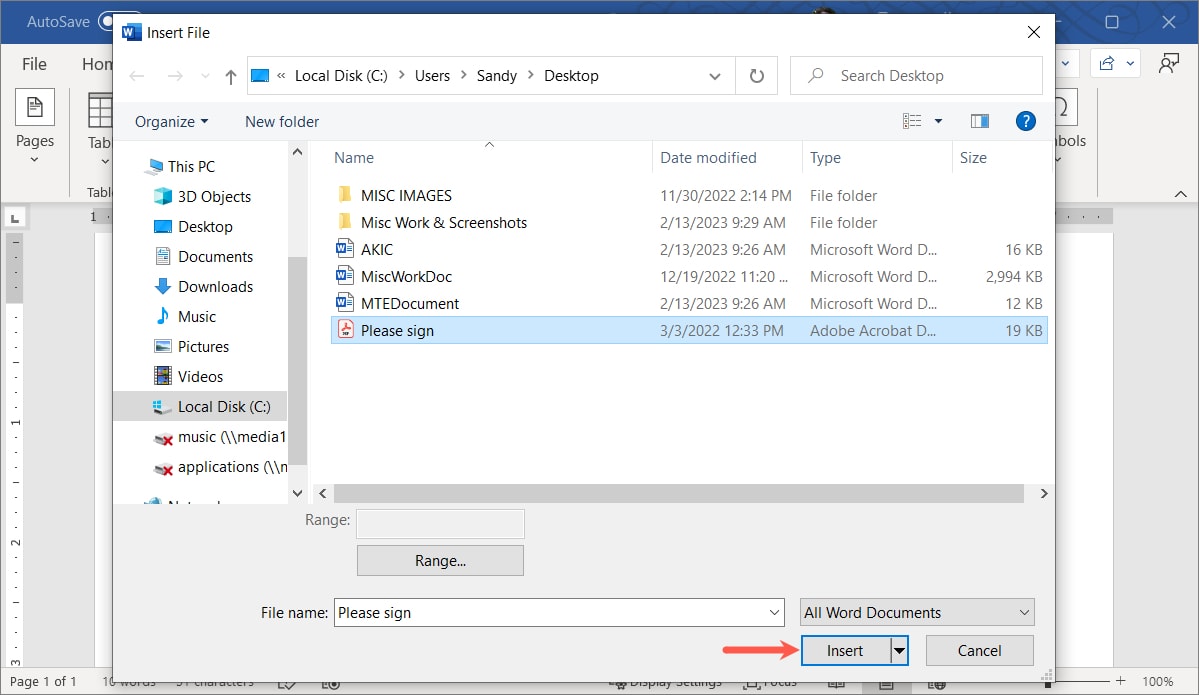 Кнопка Вставить для выбранного файла