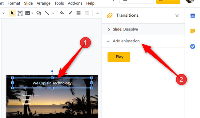 Выбор объекта на слайде и кнопка «Добавить анимацию» в панели