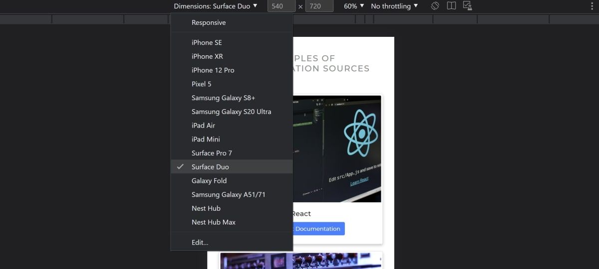 Выпадающий список для выбора устройства в панели устройств