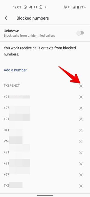 Android: кнопка удаления номера из списка блокировки