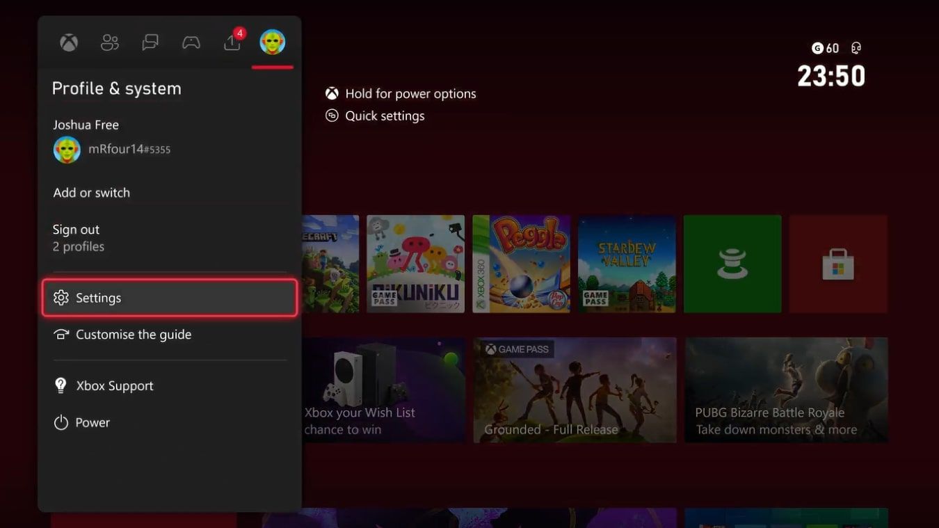 Скриншот опции Профиль и система в меню Гайд на Xbox Series X с выделенным разделом Настройки
