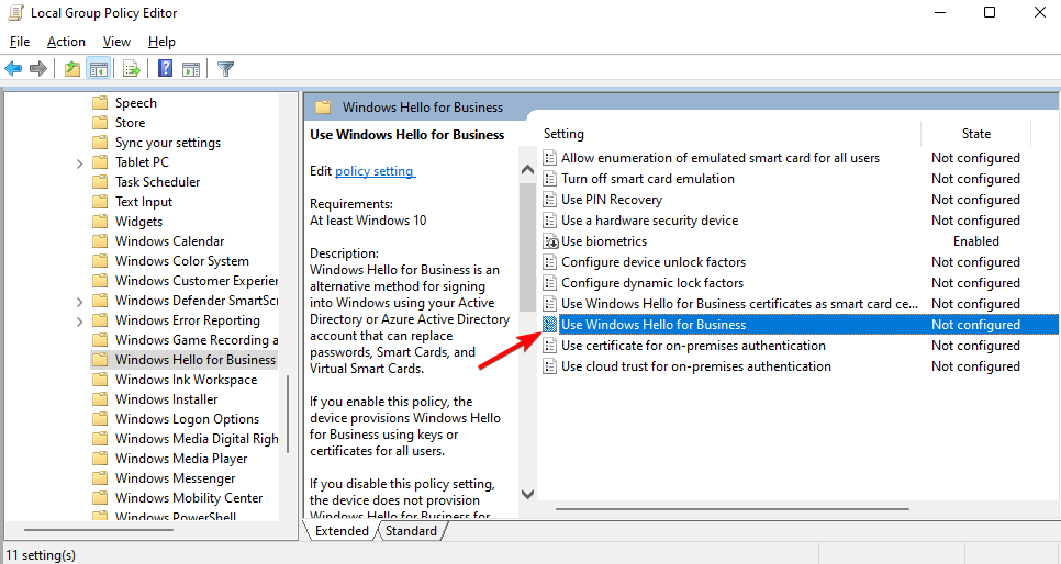Политика использования Windows Hello for Business не настроена