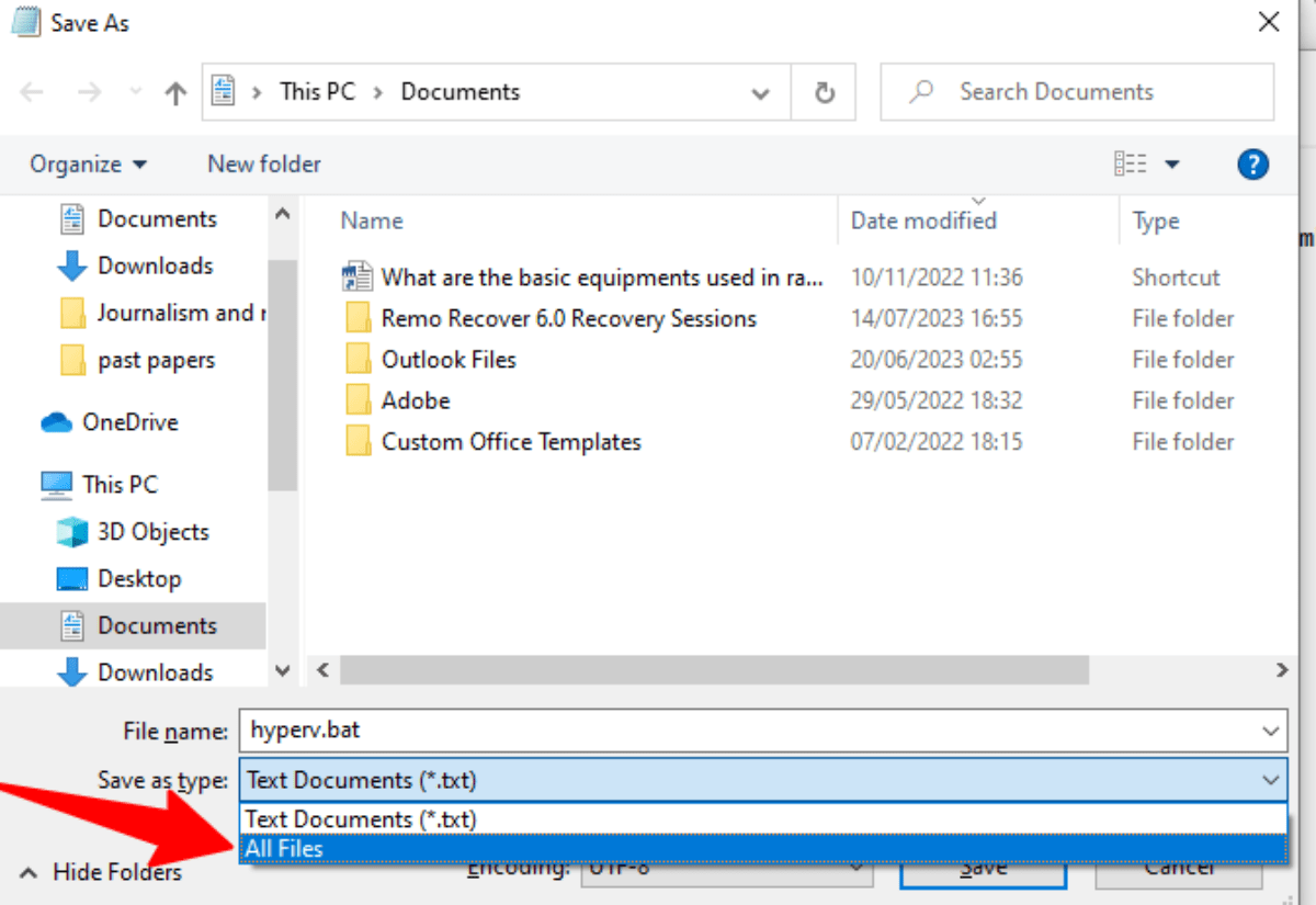 Then, choose All Files from the dropdown menu for Save as type. 