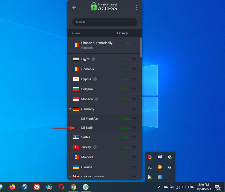 Список стран в клиенте VPN