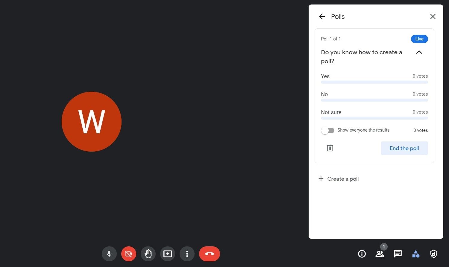 Завершение или удаление опроса в Google Meet